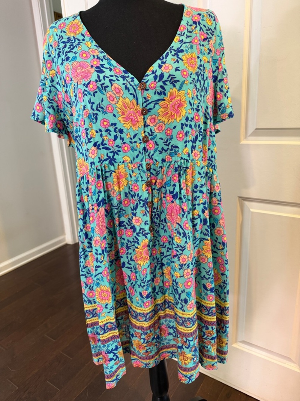 Floral V-Neck Button Front Summer Dress in Turquoise